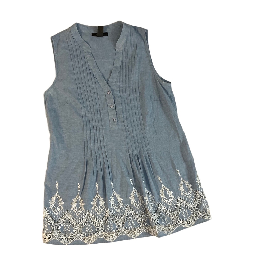 Style‎ & Co Embroidered Blue  Sleeveless V-Neck Pleated Blouse Small